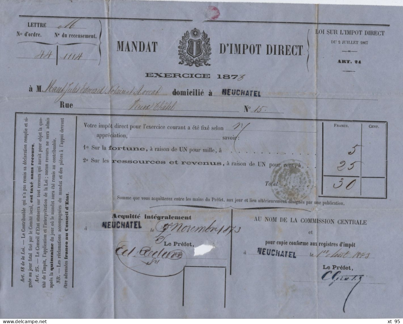 Suisse - Mandat D Impot Direct - 1873 - Neufchatel - ...-1845 Voorlopers