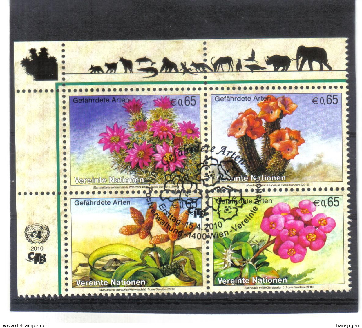 KPÖ16 UNO WIEN  2010 MICHL 639/42 VIERERBLOCK GEFÄHRTERTE ARTEN Used / Gestempelt - Unused Stamps