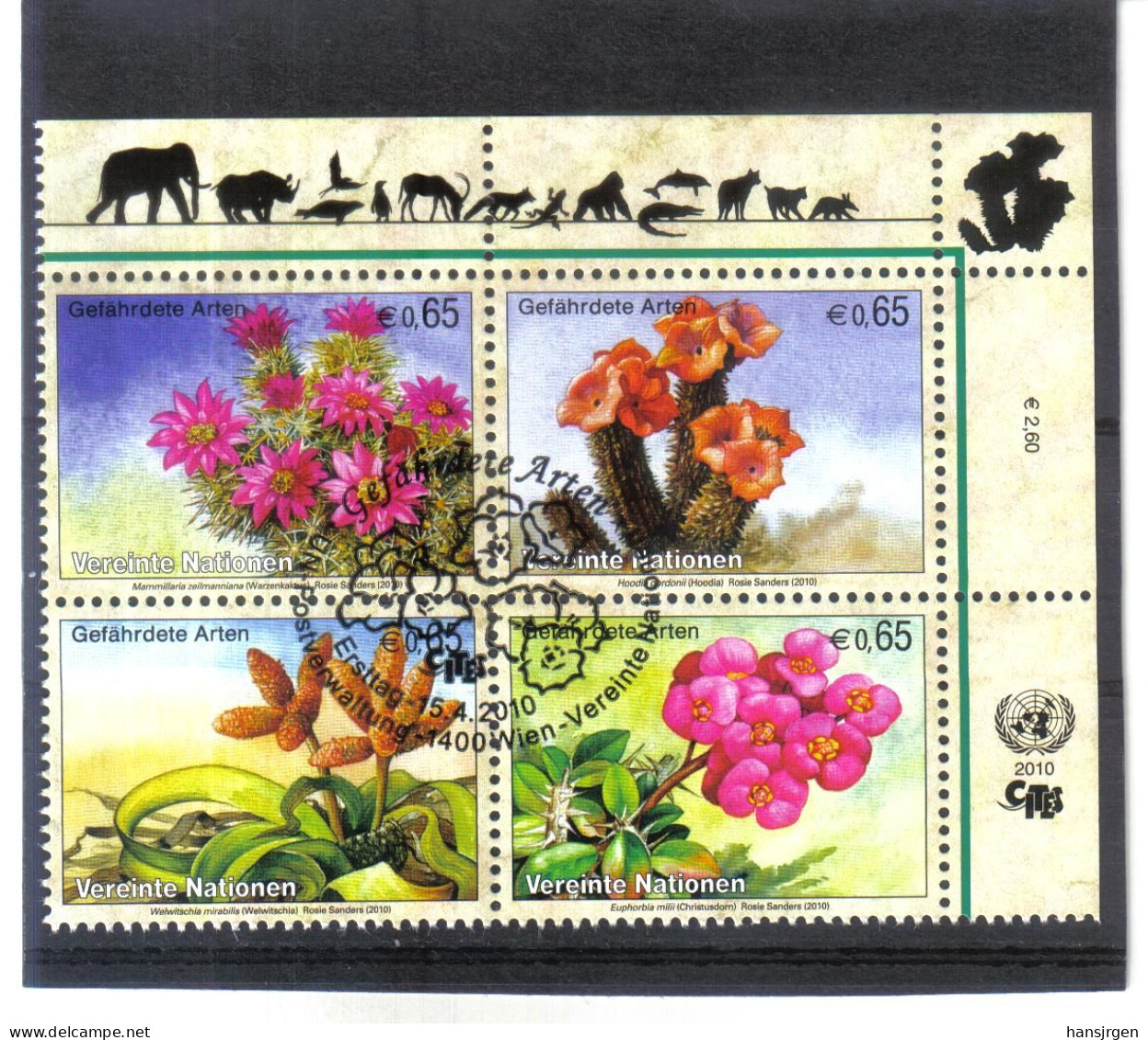 KPÖ17 UNO WIEN  2010 MICHL 639/42 VIERERBLOCK GEFÄHRTERTE ARTEN Used / Gestempelt - Unused Stamps