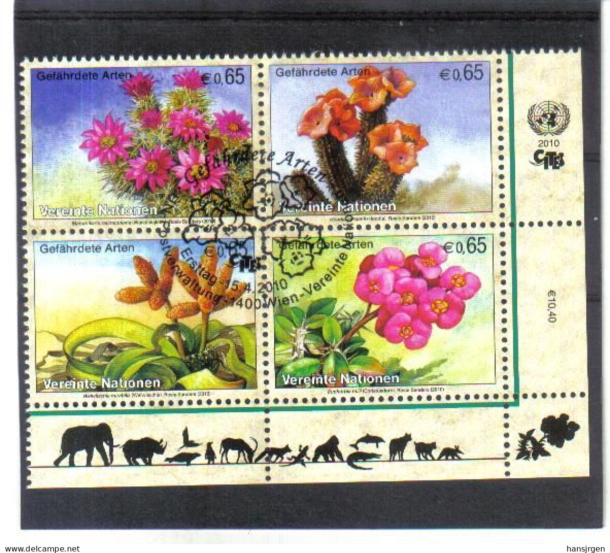 KPÖ19 UNO WIEN  2010 MICHL 639/42 VIERERBLOCK GEFÄHRTERTE ARTEN Used / Gestempelt - Unused Stamps