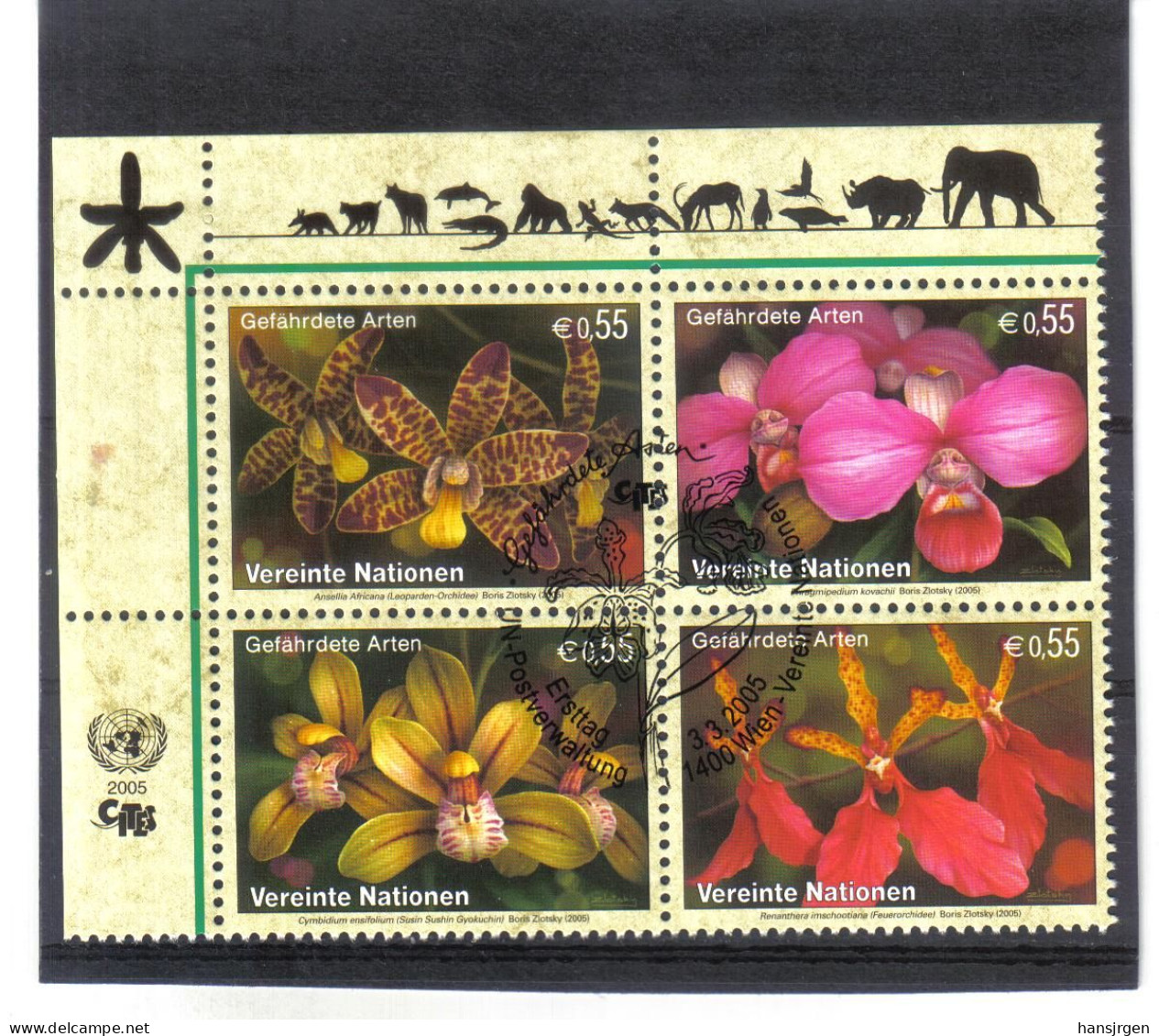 KPÖ36 UNO WIEN  2005 MICHL 435/38 VIERERBLOCK GEFÄHRTERTE ARTEN Used / Gestempelt - Unused Stamps