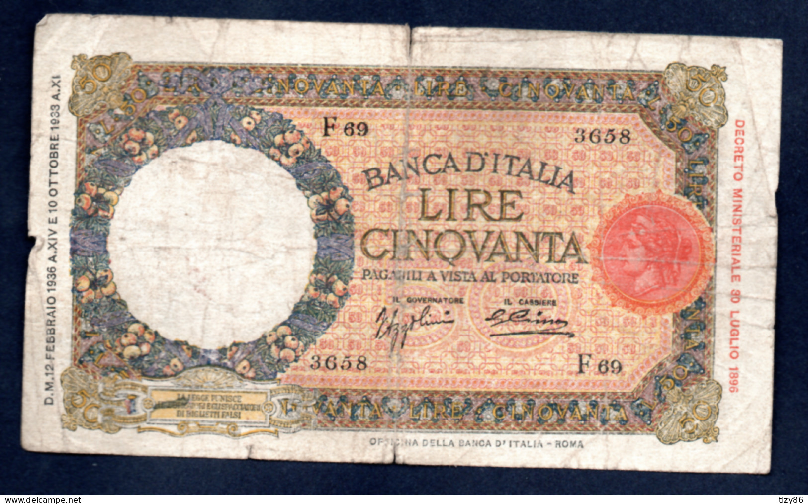 Banconota Banca D'Italia £ 50 Lupetta 29-12-1939 - 50 Liras