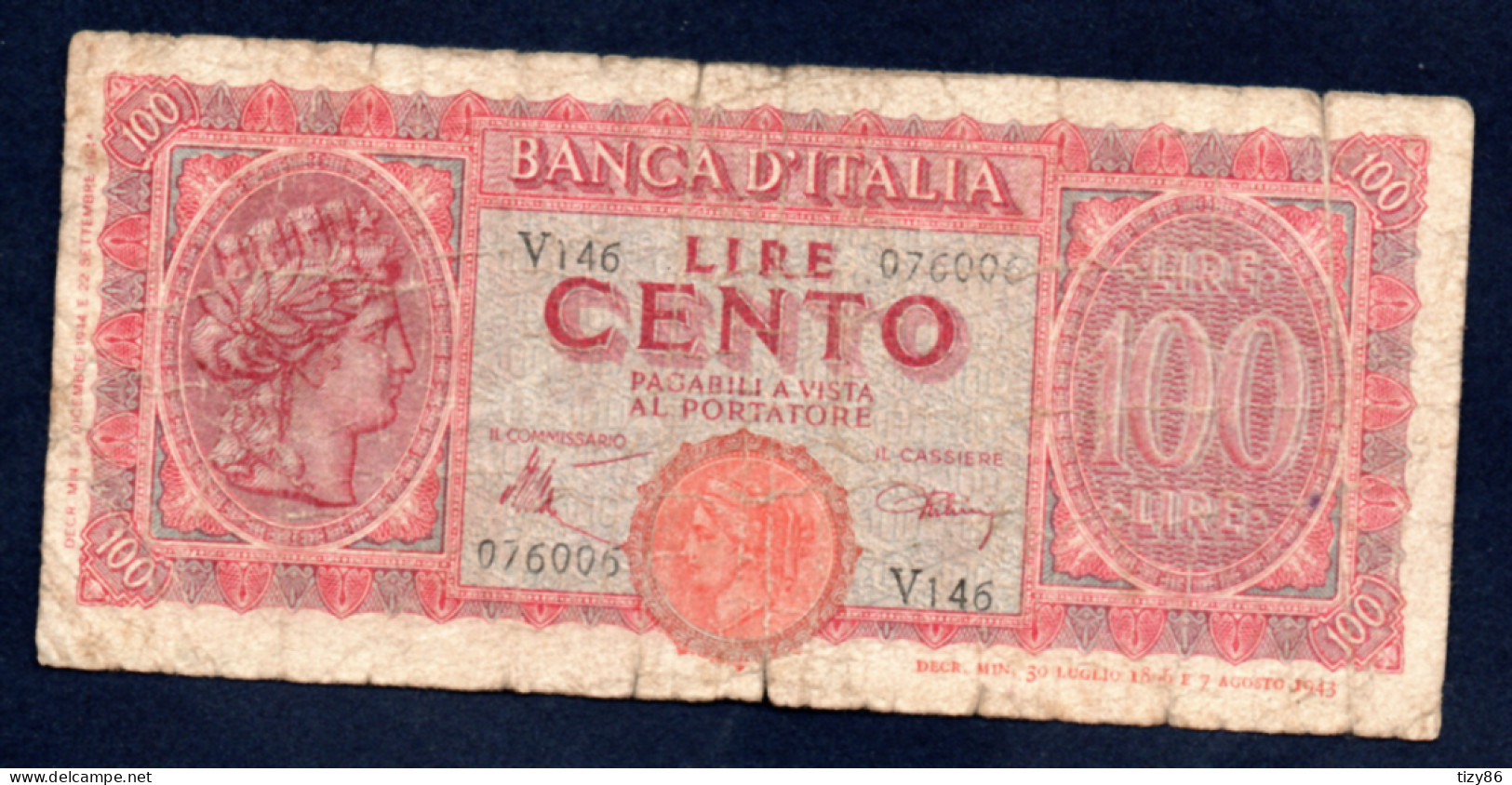 Banconota Italia - Luogotenenza - Lire 100 - 10/12/1944 (circolata) - 100 Liras