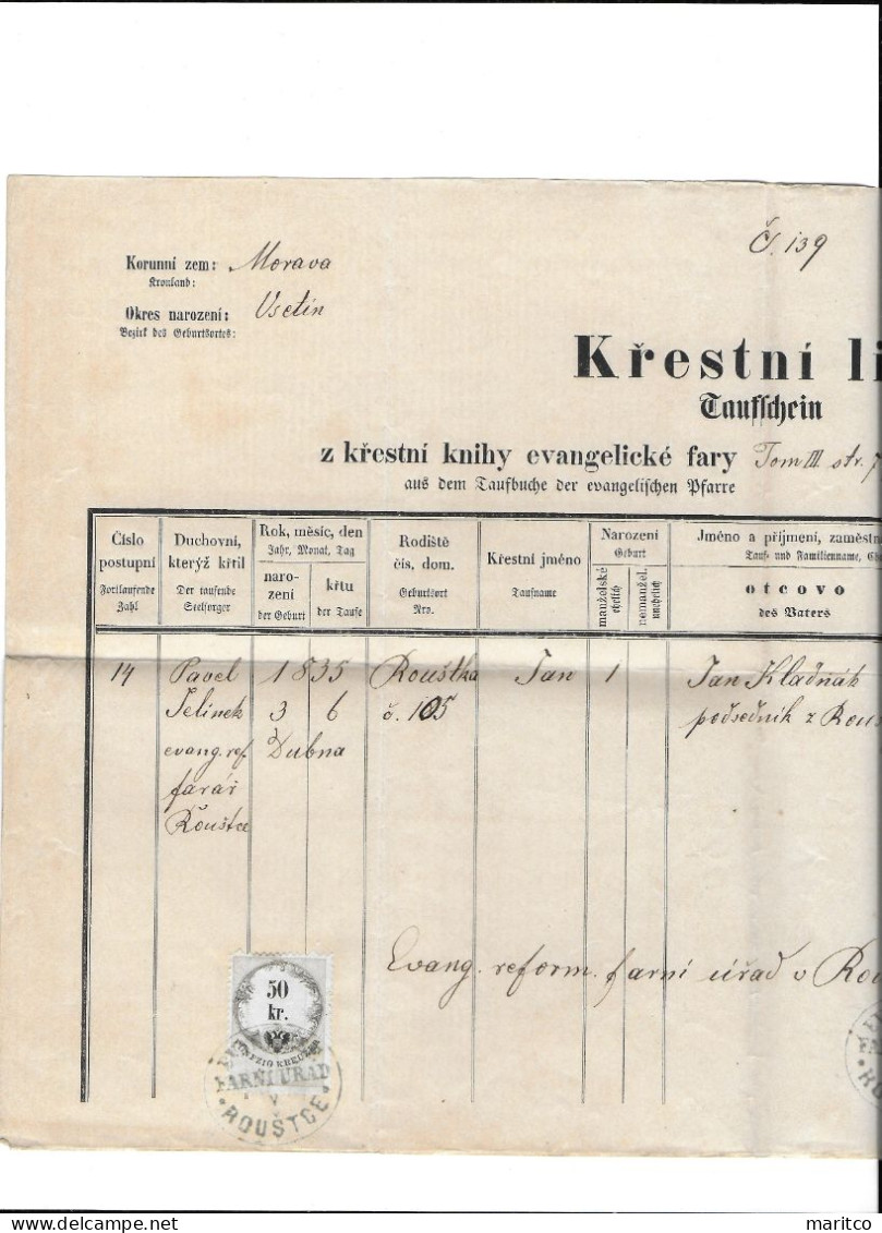 Österreich Austria  Taufschein 1878 Roustce Revenue Stamps Stempelmarken Fiscal - Revenue Stamps