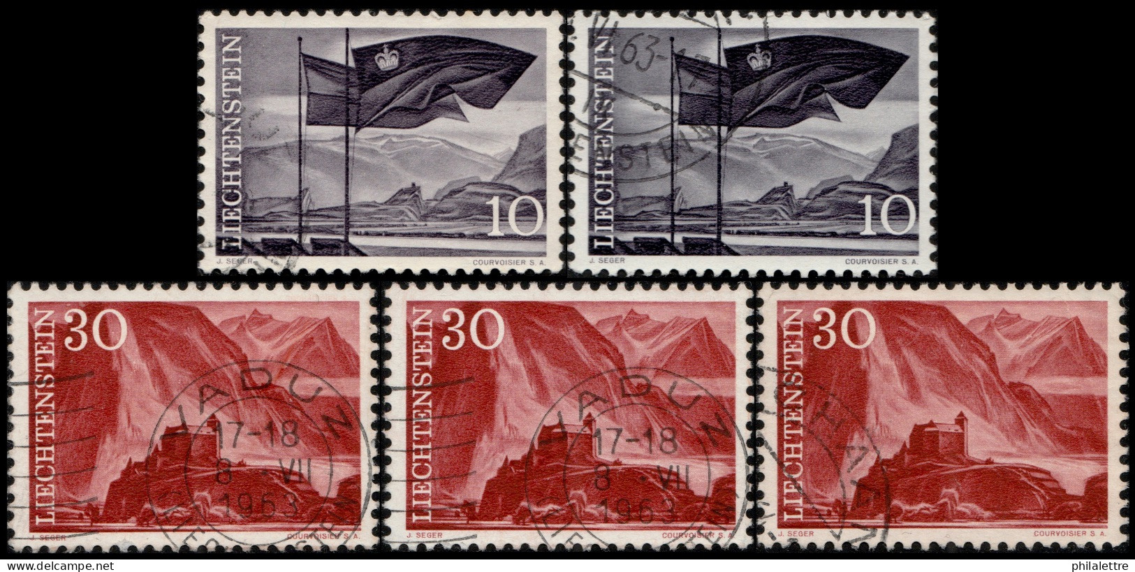 LIECHTENSTEIN - 1959 - Mi.381 (x2) & Mi.383 (x3) 10rp & 30rp Landscapes - VFU° - Usados