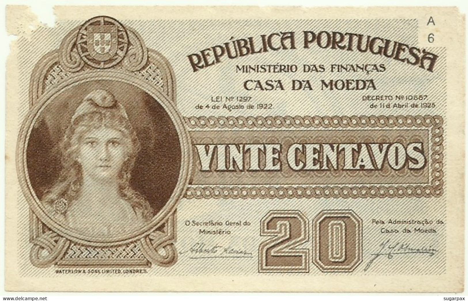 Portugal - CÉDULA 20 Centavos - 11.04.1925 - Pick: 102 - M.A. 11 - Serie A6 - Casa Da Moeda - Portugal