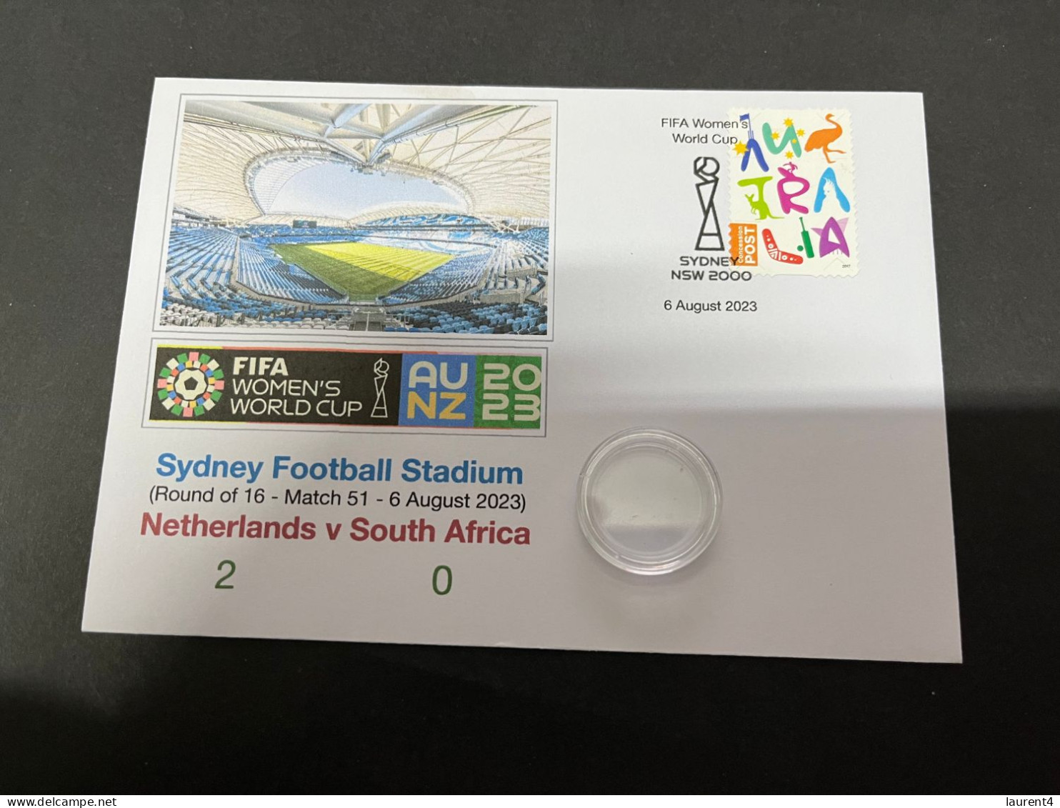 7-8-2023 (1 T 44) FIFA Women's Football World Cup Match 51 (stamp + $ 2.00 Coin) Netherlands (2) V South Africa (0) - 2 Dollars