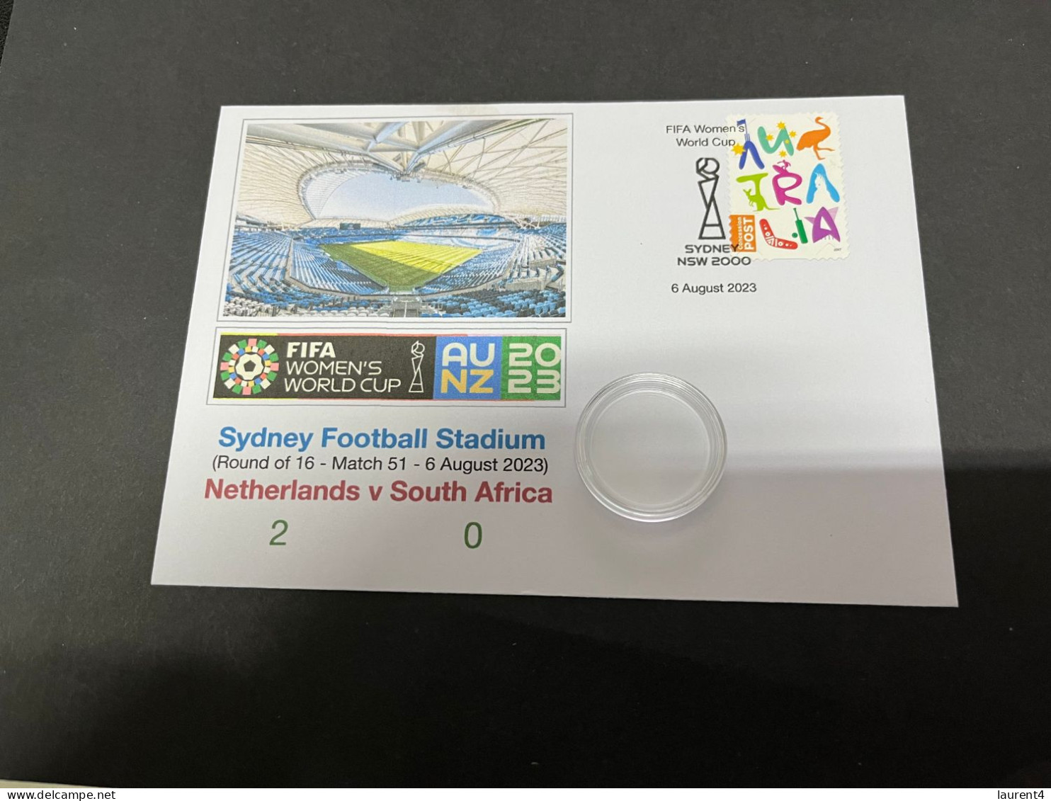 7-8-2023 (1 T 44) FIFA Women's Football World Cup Match 51 (stamp + $ 1.00 Coin) Netherlands (2) V South Africa (0) - Dollar