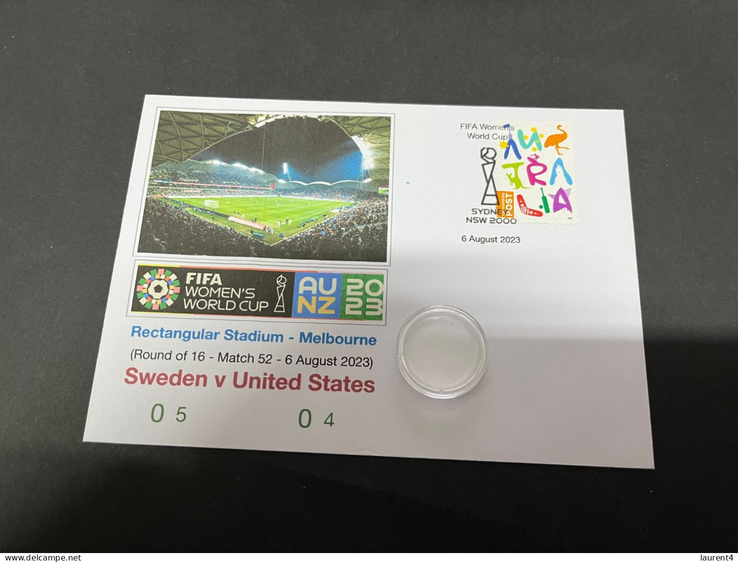 7-8-2023 (1 T 44) FIFA Women's Football World Cup Match 52 (stamp +  $ 2.00 Coin) Sweden (0-5) V USA (0-4) - 2 Dollars