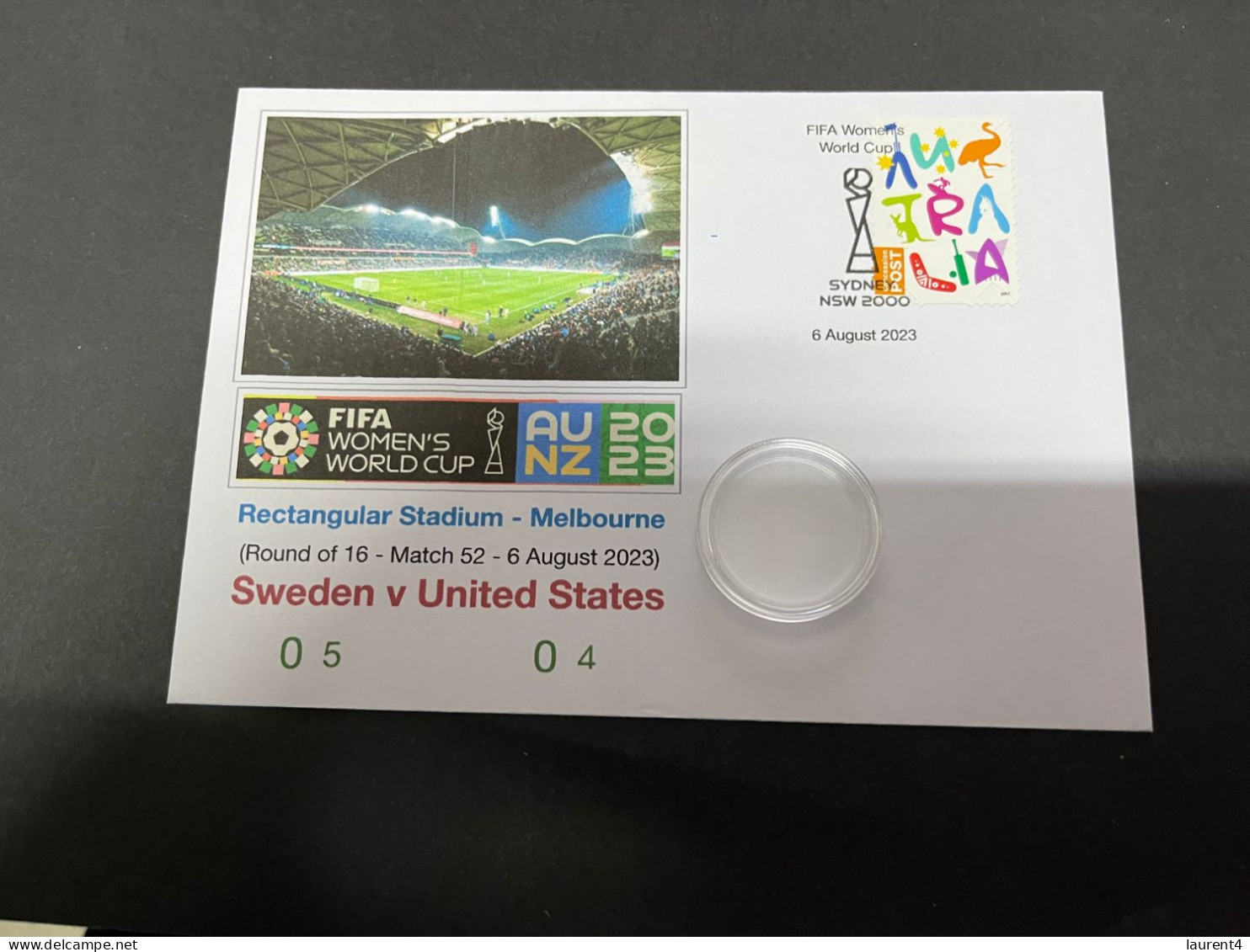 7-8-2023 (1 T 44) FIFA Women's Football World Cup Match 52 (stamp + $ 1.00 Coin) Sweden (0-5) V USA (0-4) - Dollar