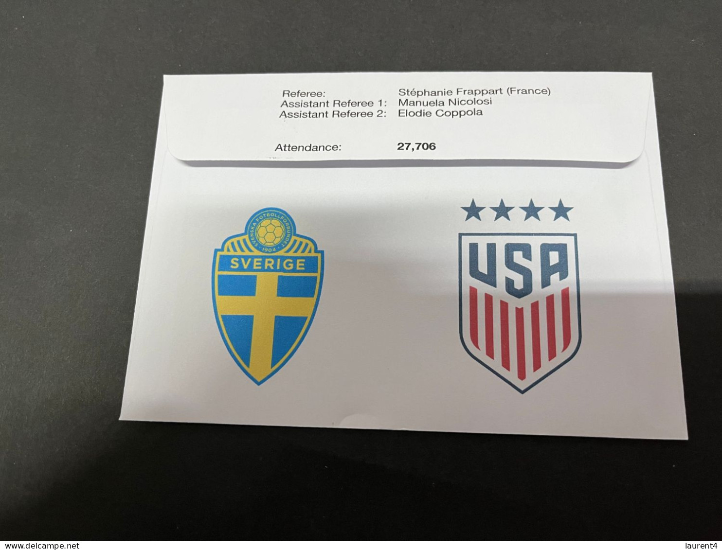 7-8-2023 (1 T 44) FIFA Women's Football World Cup Match 52 (stamp + $ 1.00 Coin) Sweden (0-5) V USA (0-4) - Dollar