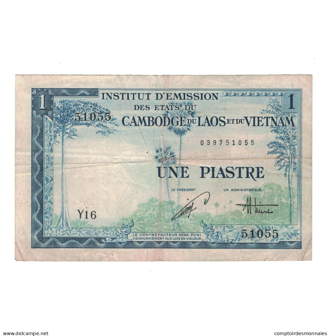Billet, Indochine Française, 1 Piastre = 1 Riel, Undated (1954), KM:94, TB - Indochine