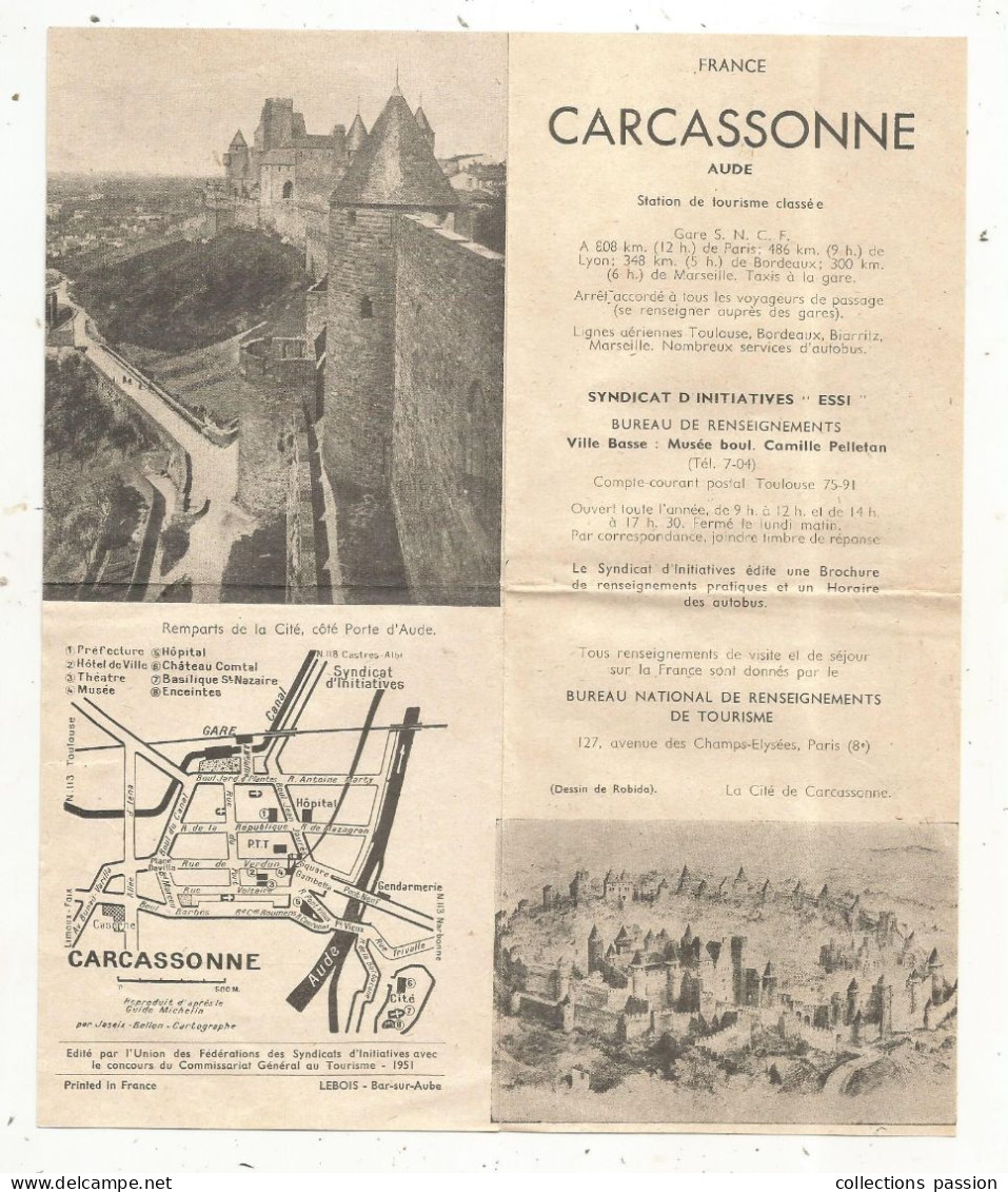 Dépliant Touristique, CARCASSONNE, Aude, 1951,  4 Pages, Frais Fr 1.65 E - Dépliants Touristiques