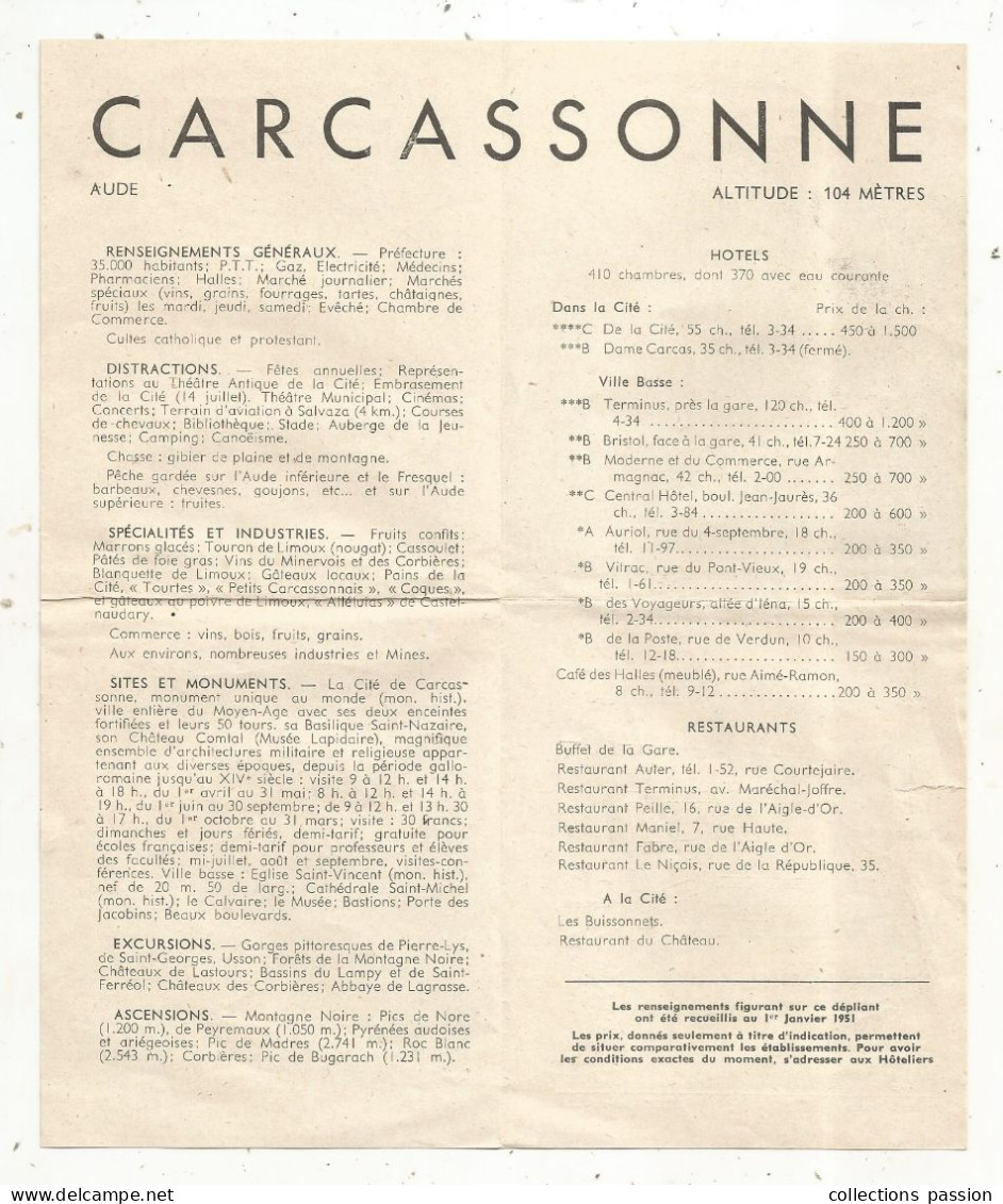 Dépliant Touristique, CARCASSONNE, Aude, 1951,  4 Pages, Frais Fr 1.65 E - Tourism Brochures