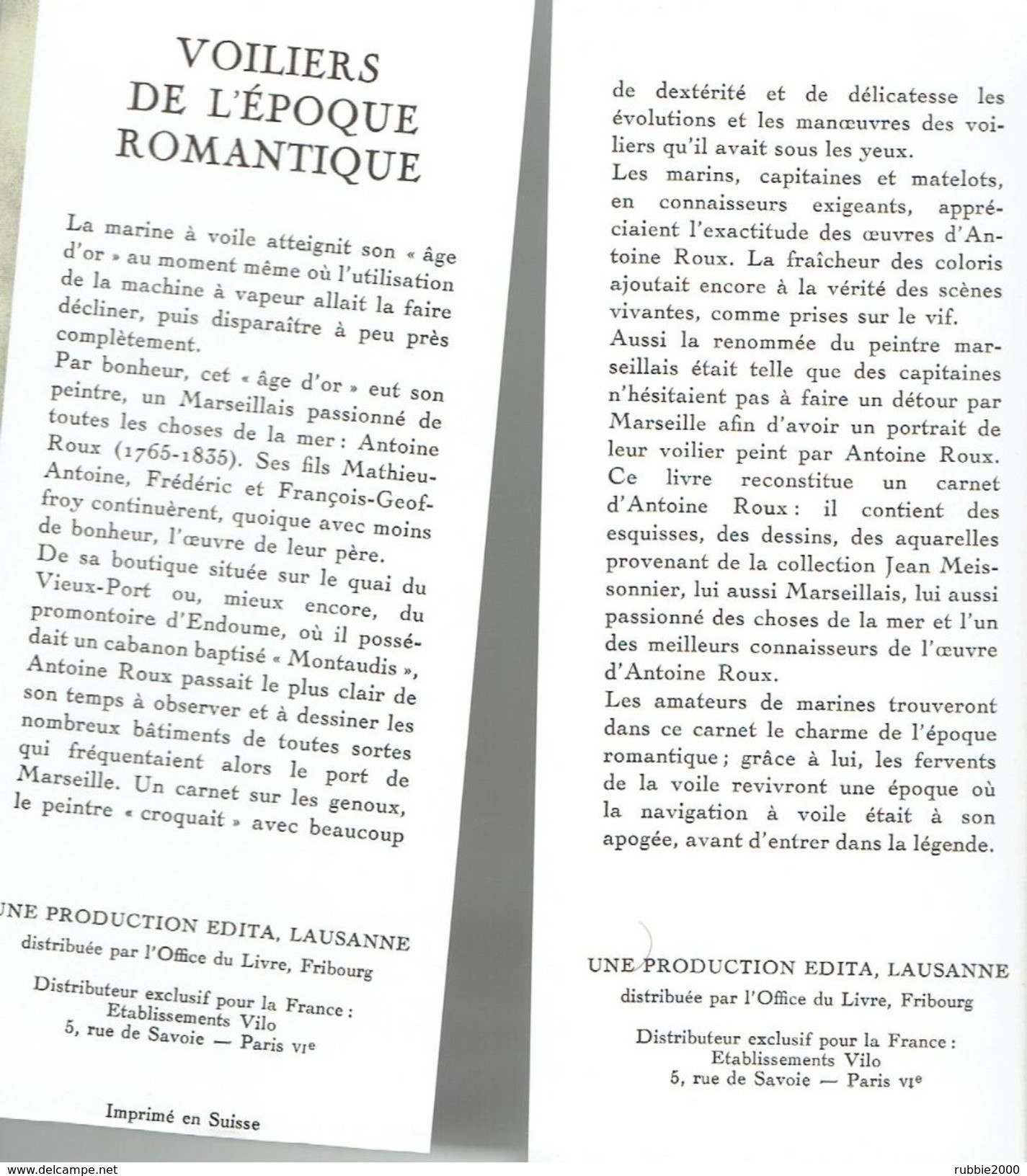 VOILIERS DE L EPOQUE ROMANTIQUE 45 AQUARELLES ET DESSINS D ANTOINE ROUX 1968 EDITA LAUSANNE MARINE A VOILE MARSEILLE - Bateau