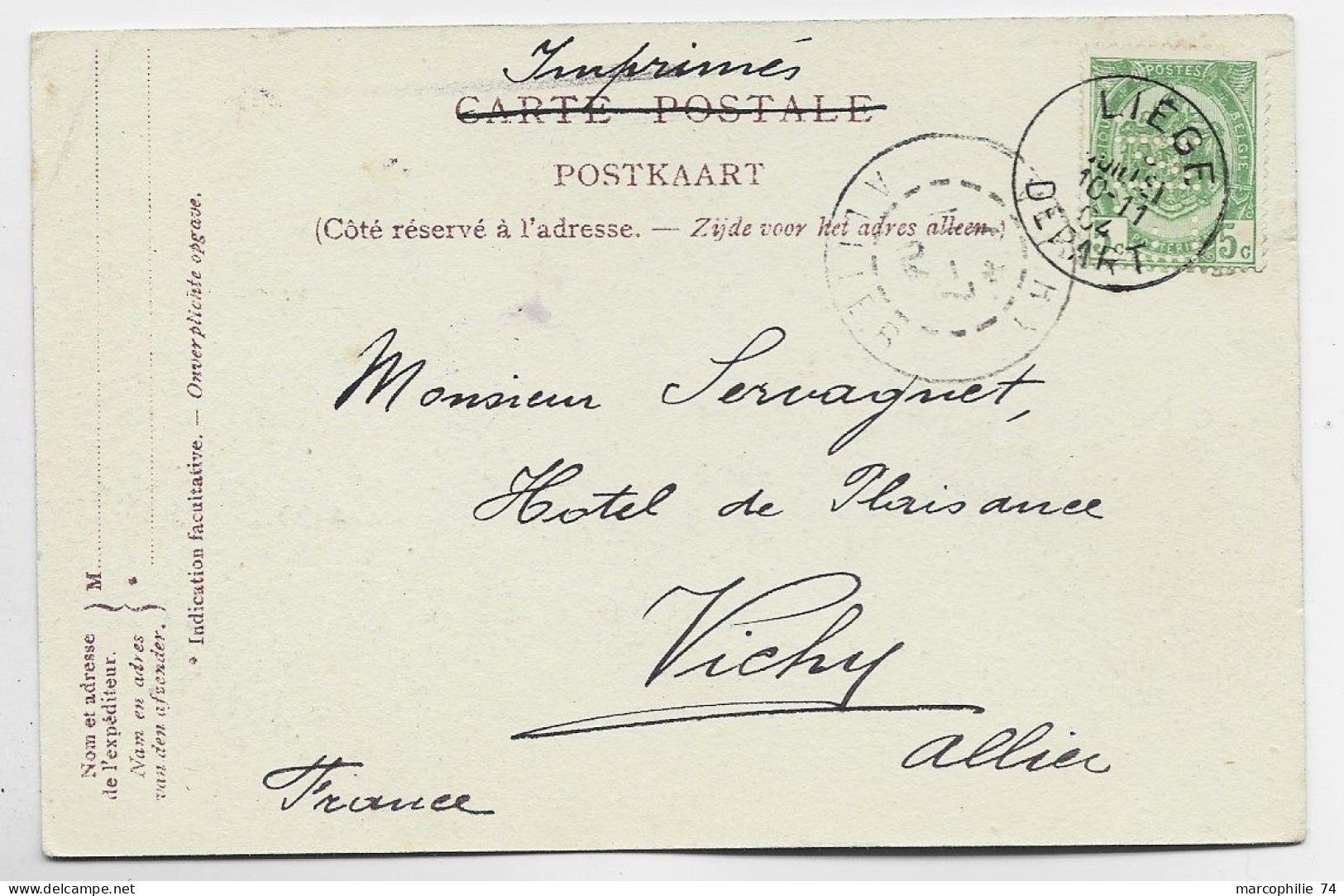 BELGIQUE 5C PERFORE PERFIN F.N. CARTE LIEGE DEPART 1907 - 1863-09