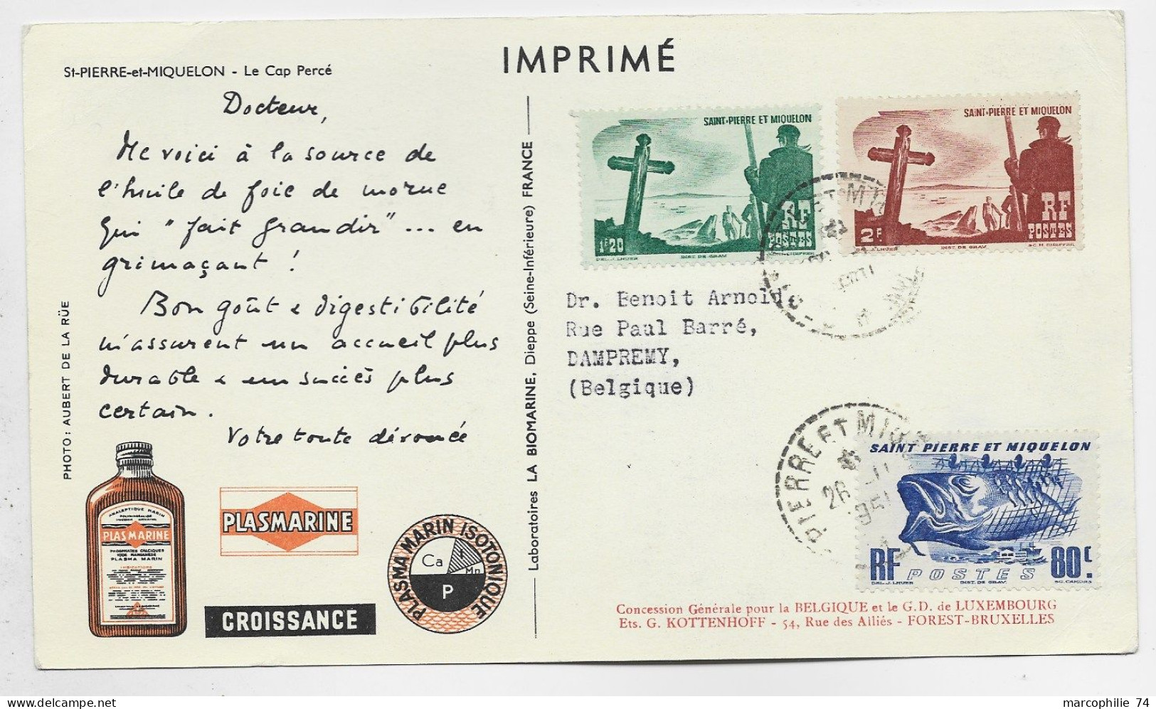 SAINT PIERRE ET MIQUELON 80CX+2FR1FR20 CARTE PUB PLASMARINE ST PIERRE 26.11.1951 POUR BELGIQUE PEU COMMUN POUR ETRANGER - Briefe U. Dokumente