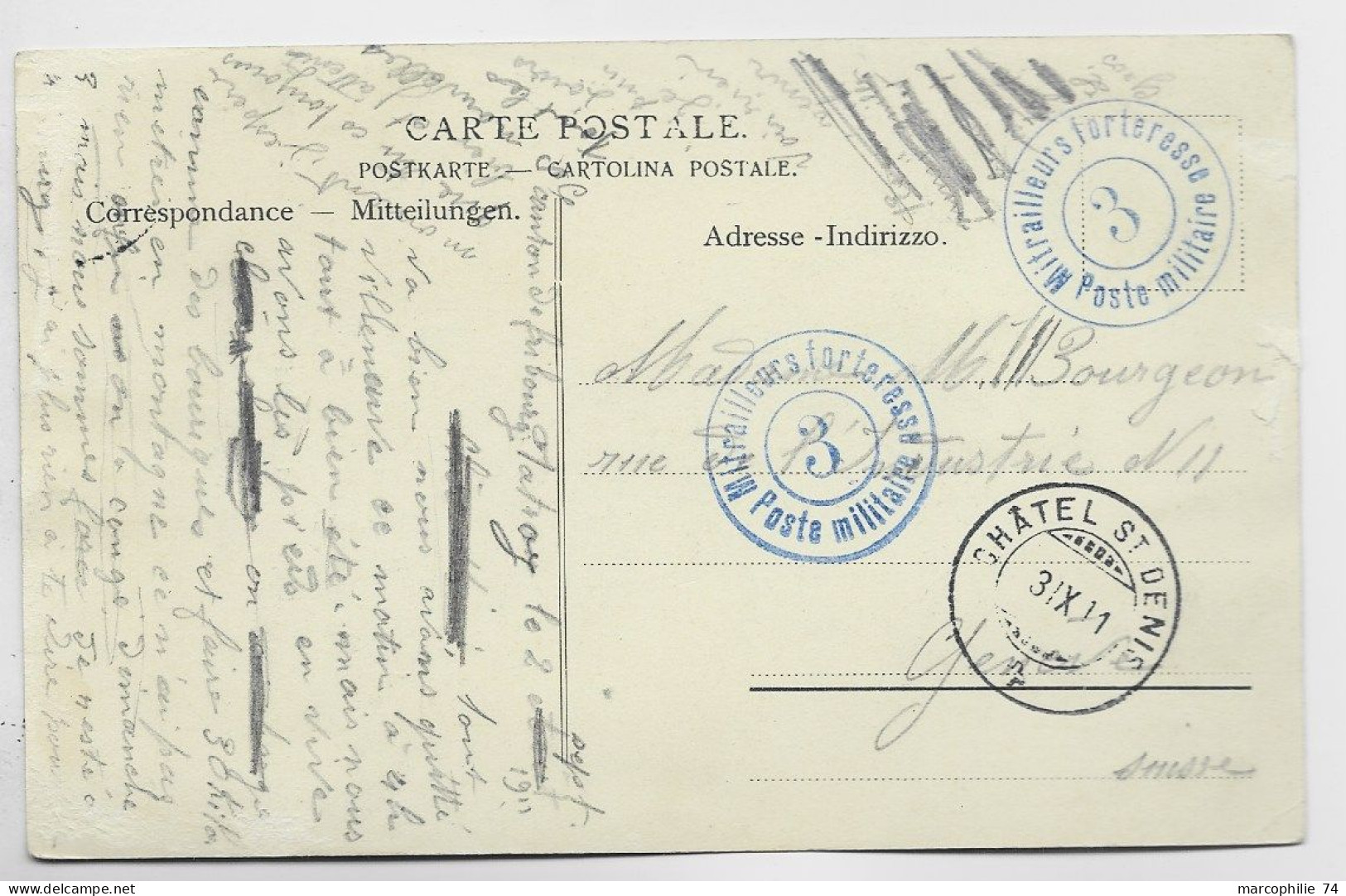 HELVETIA SUISSE CARTE BEX + POSTE MILITAIRE MITRAILLEUSE FORTERESSE 3 1911 + CHATEL ST DENIS  POUR GENEVE - Postmarks