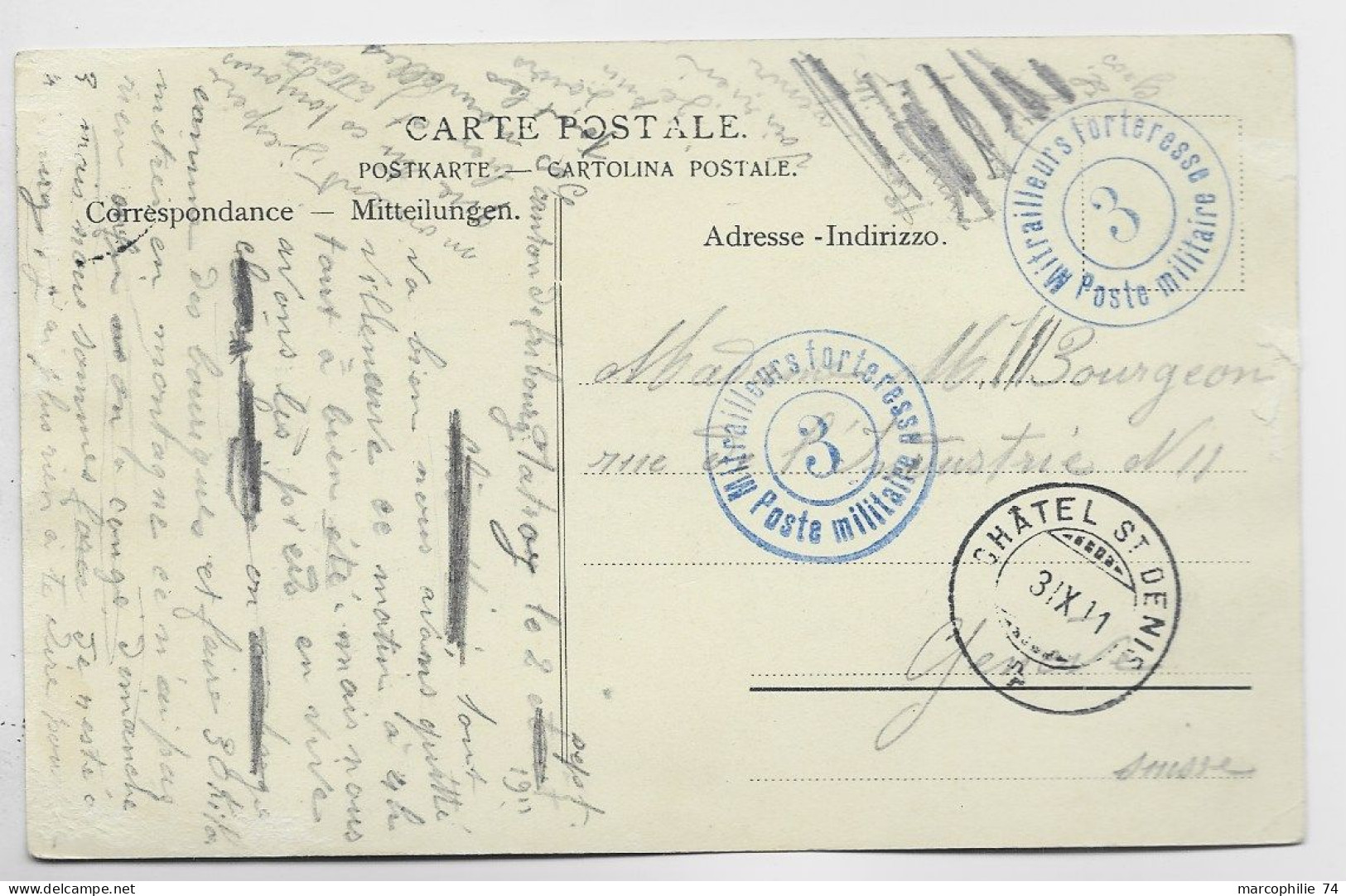 HELVETIA SUISSE CARTE BEX + POSTE MILITAIRE MITRAILLEUSE FORTERESSE 3 1911 + CHATEL ST DENIS  POUR GENEVE - Oblitérations