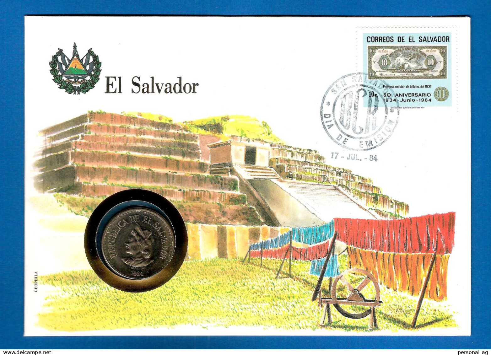 1984  El Salvador Numisbrief, Anlass: 50 Jahre Banknoten. Münze 1 Colon Von 1984 - Altri – America