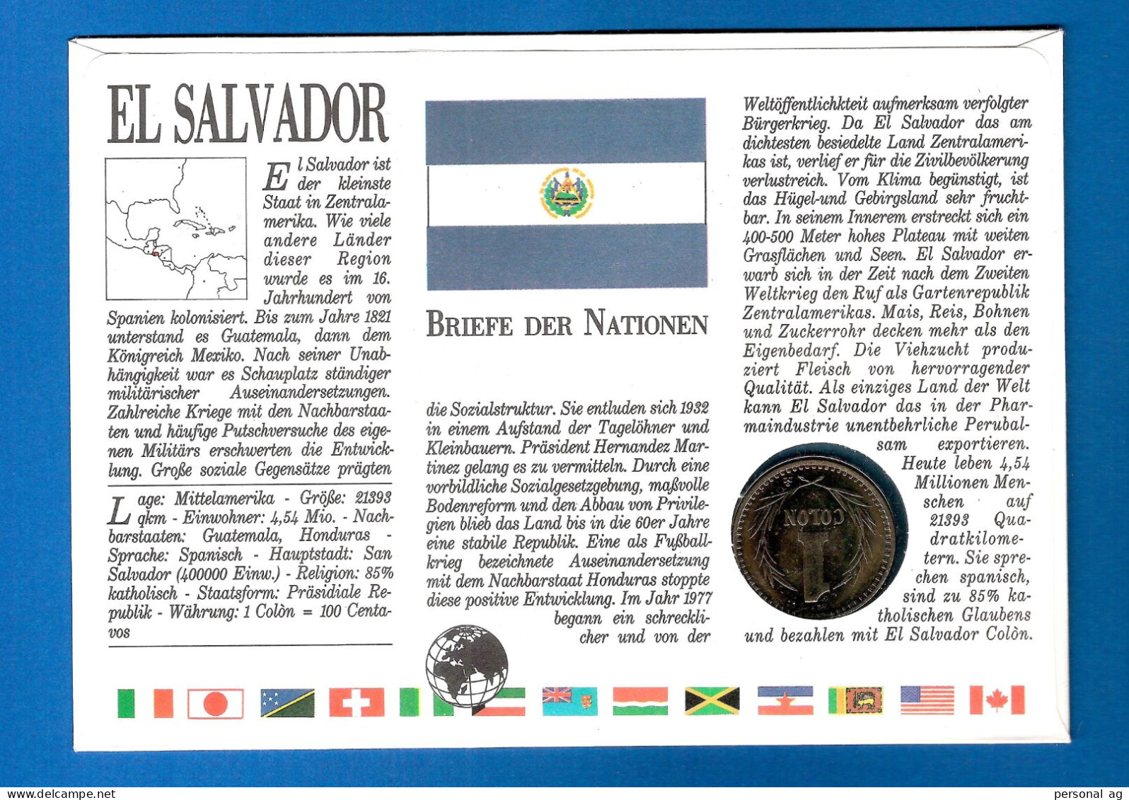 1984  El Salvador Numisbrief, Anlass: 50 Jahre Banknoten. Münze 1 Colon Von 1984 - Autres – Amérique