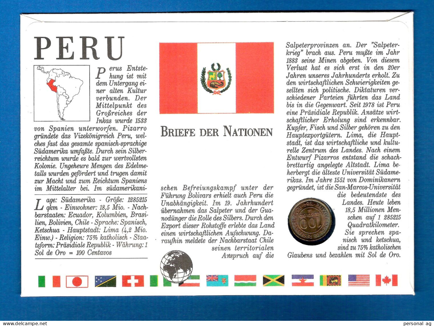 1984  Peru  Numisbrief, Anlass: Vor-Inka Kultur Der Wari. Münze 100 Soles De Oro Von 1984 - Otros – América