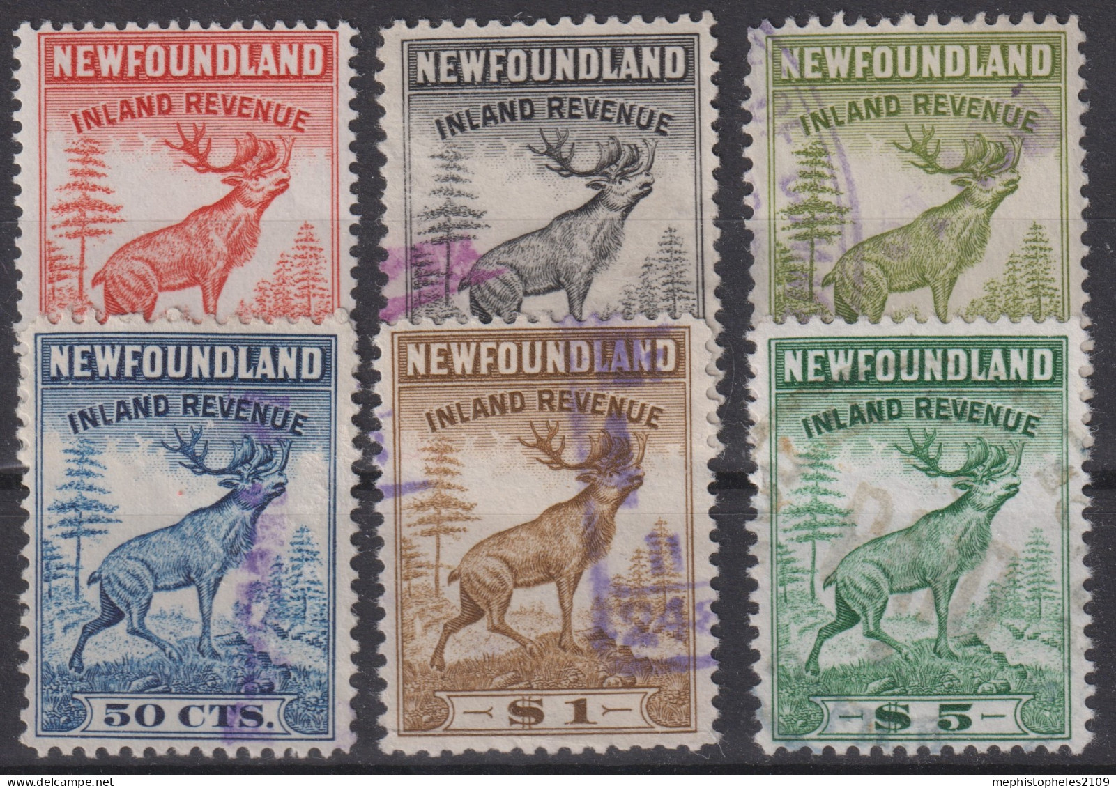 NEWFOUNDLAND 1919 - Canceled - INLAND REVENUE - 6 Issues: 5c, 10c, 25c, 50c, 1$, 5$ - Back Of Book