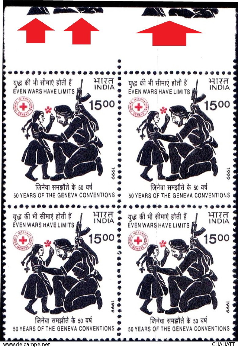 WAR & PEACE- GENEVA CONVENTION-RED CROSS- ERROR- EXTRA PRINT ON SELVEDGE- BLOCK OF 4- INDIA- MNH- IE-83 - Variétés Et Curiosités