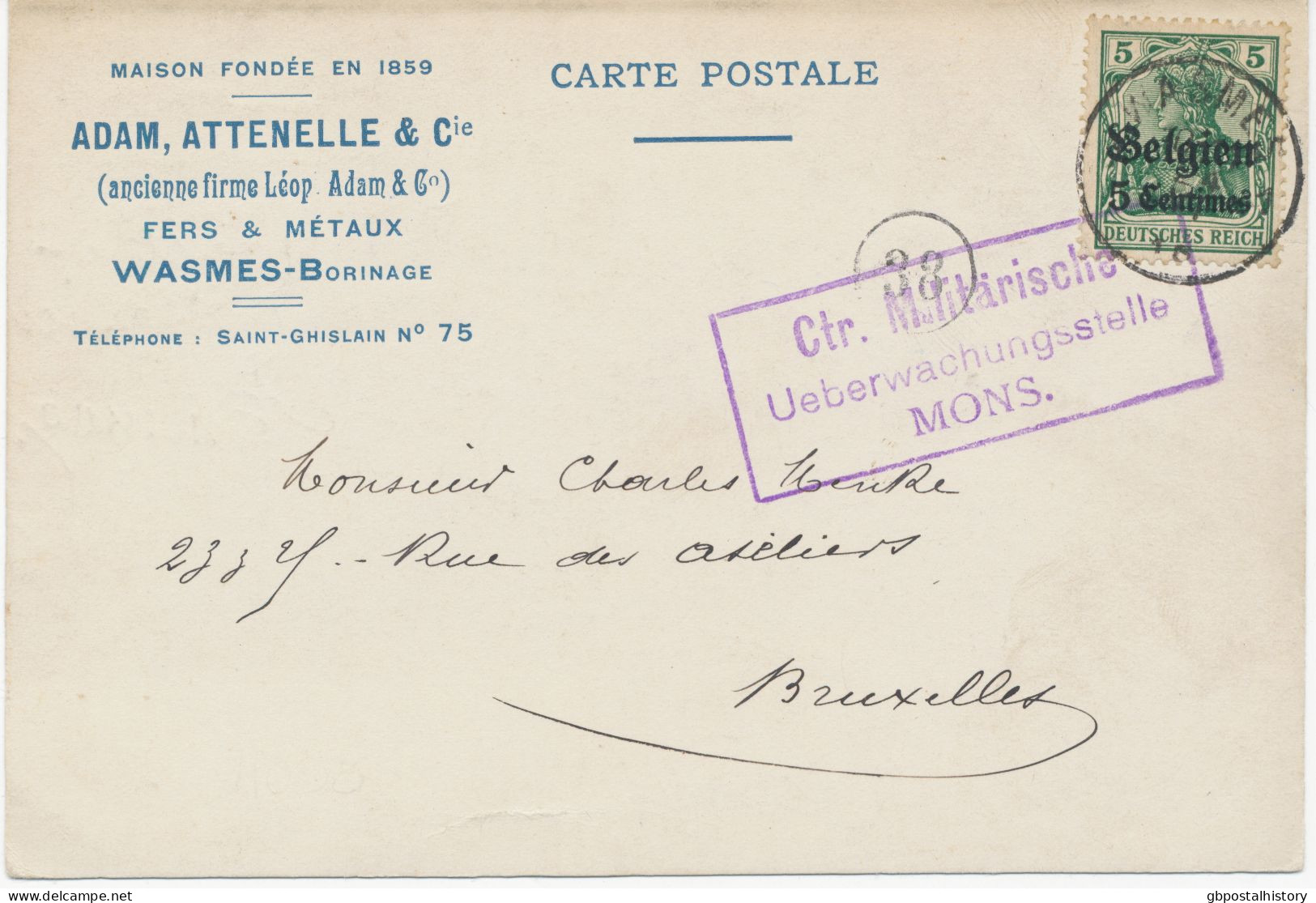 LANDESPOST IN BELGIEN 1915, 5 Pf Germania Mit Aufdruck   „Belgien / 5 Centimes“ EF Auf Kab.-Postkarte Mit K1 „88“ Und - OC38/54 Belgian Occupation In Germany