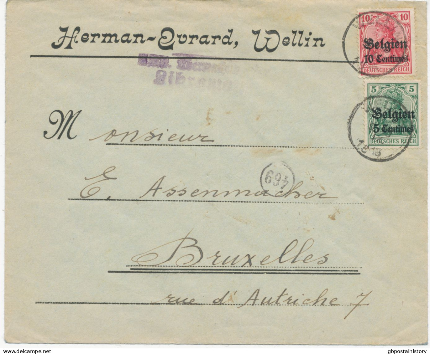 LANDESPOST IN BELGIEN 1918, 5 Pf Und 10 Pf Germania Mit Aufdruck   „Belgien / 5 Centimes“ Bzw. „10 Centimes“ MiF Auf Kab - OC38/54 Belgian Occupation In Germany