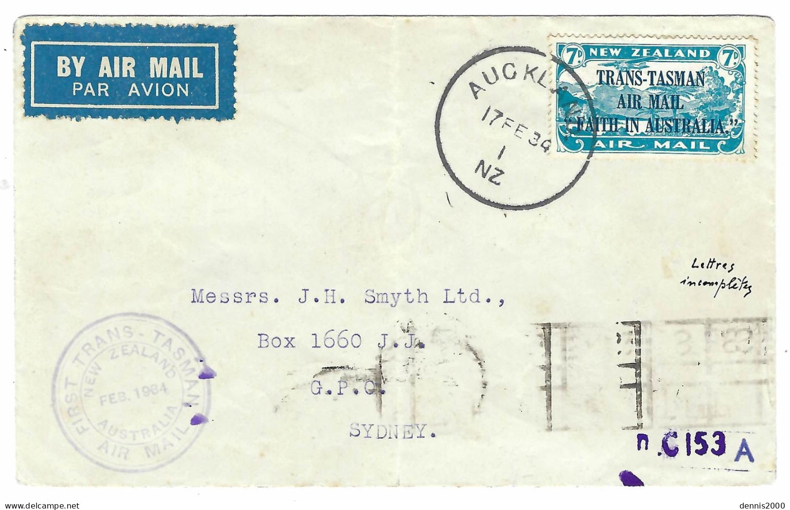 17 - 2 - 1934 - Enevlop PAR AVION From AUCKLAND To Sydney  Fr. Y & T N°5 Canc. AUCKLAND - Poste Aérienne