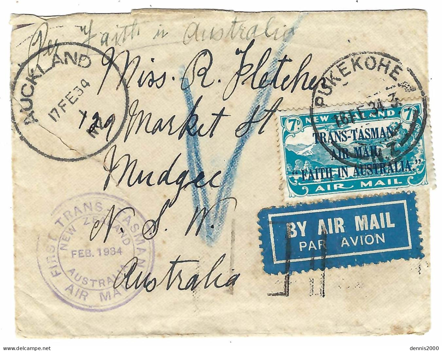 17 - 2 - 1934 - Envelop PAR AVION BY AIR MAIL From AUCKLAND To N.S.W  Fr. Y & T N°5 Canc. PUKEKOHE - Luftpost