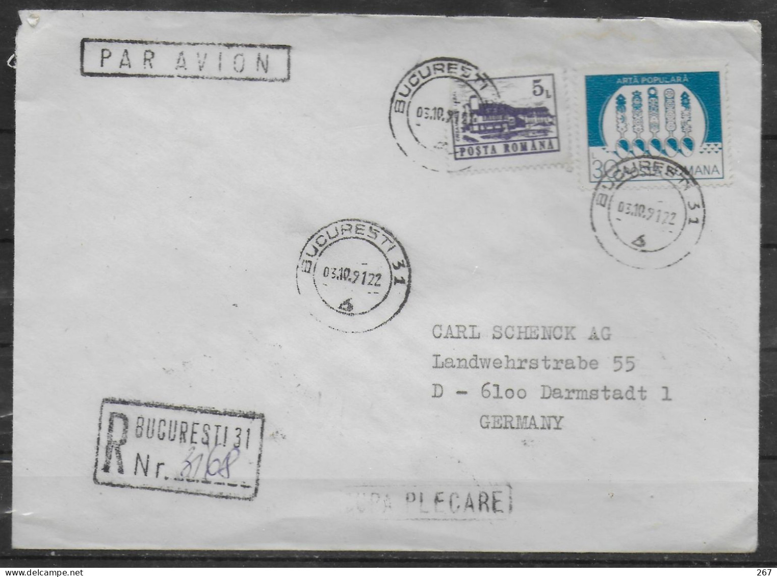 ROUMANIE Lettre Recommandée 1991 Artisanat Cuillères Hotel - Covers & Documents