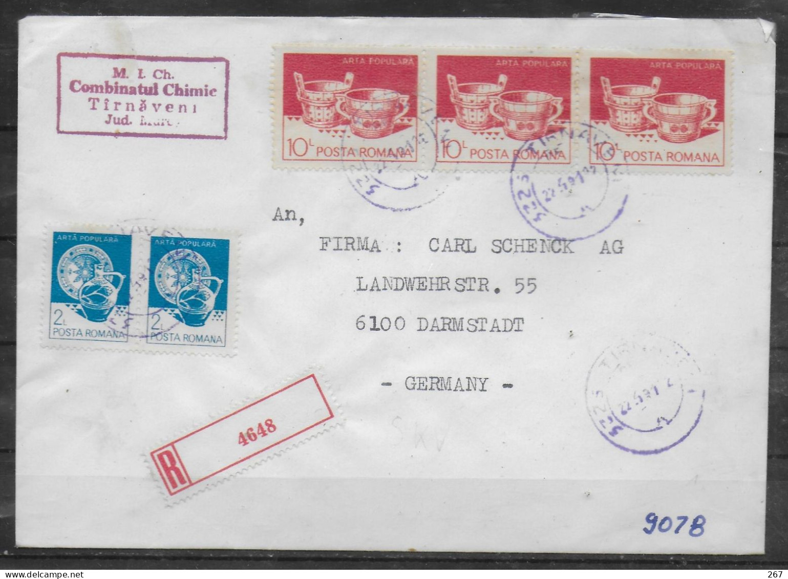 ROUMANIE Lettre Recommandée 1991 Artisanat Baquets En Bois Assiettes Et Pichets - Storia Postale