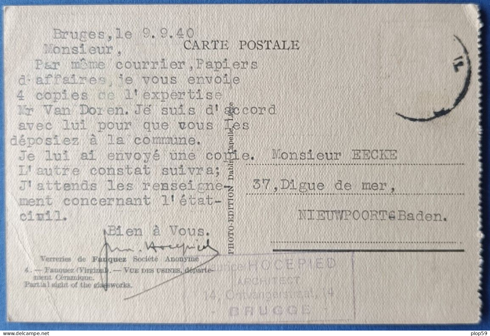 Cpa  2 Scans Verreries Fauquez Vue Des Usines Departement Céramique Circulé Le 09/09/1940 - Ittre