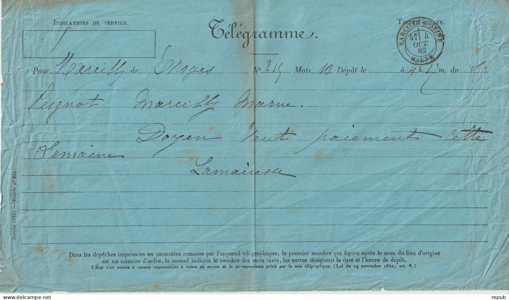 Télégramme 1882 Marcilly Sur Seine (51) - Telegrafi E Telefoni