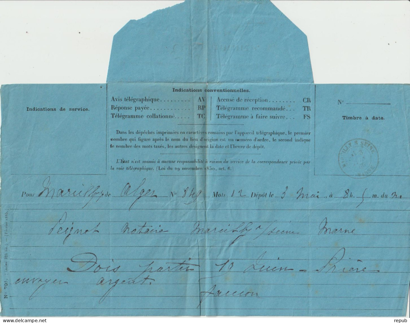 Télégramme 1884 Marcilly Sur Seine (51) - Telegrafi E Telefoni