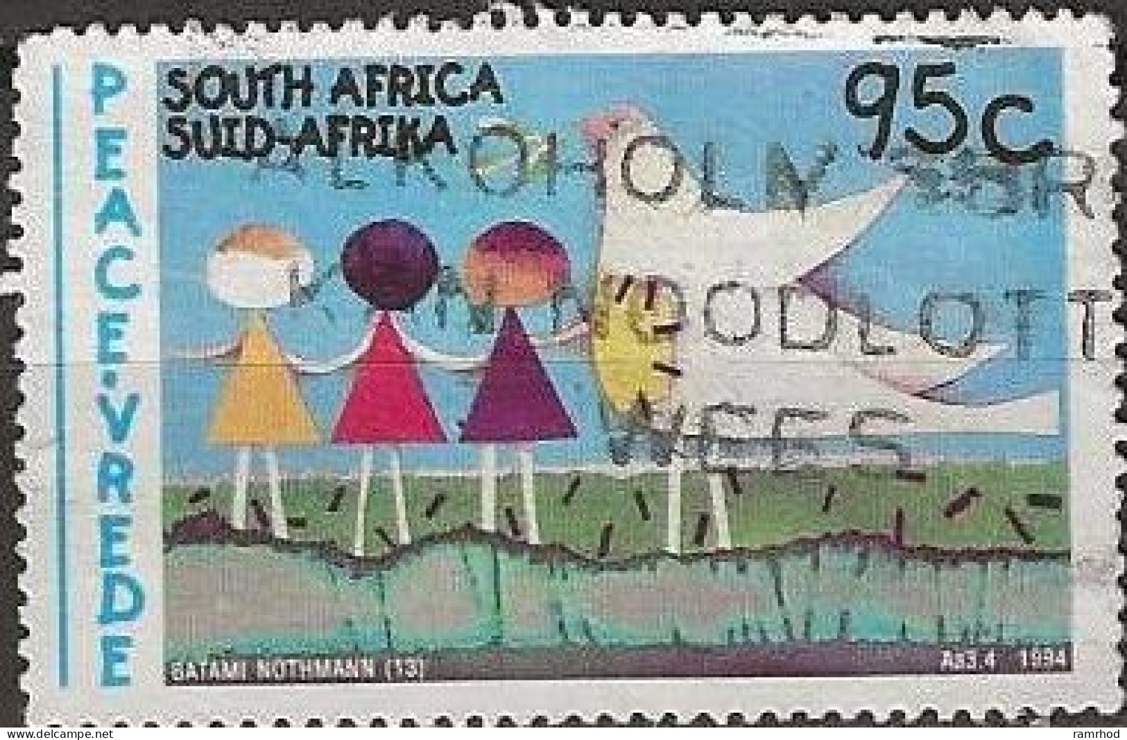 SOUTH AFRICA 1994 Peace Campaign. Children's Paintings -  95c. - Children And Dove (Batami Nothmann) AVU - Usati