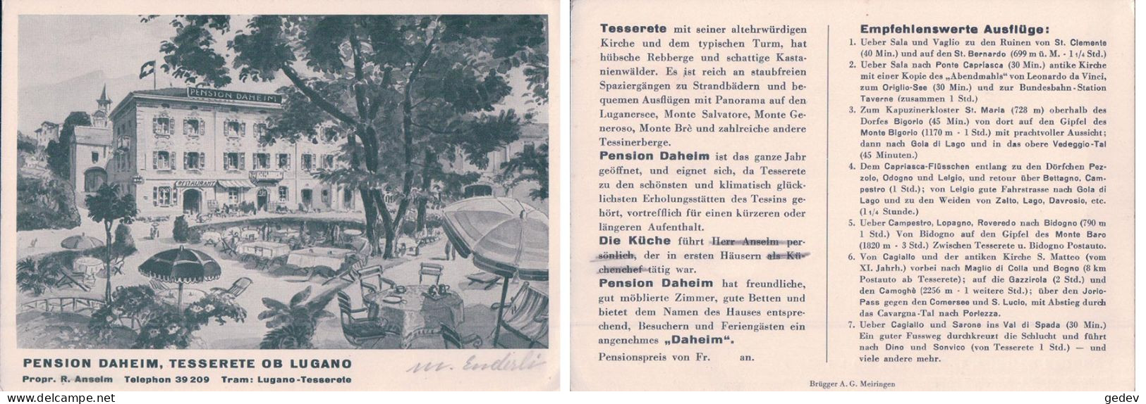 Tesserete TI, Restaurant Et Pension Daheim, Propriétaire R. Anselm, Publicité Au Verso (39209) 10x15 - Tesserete 