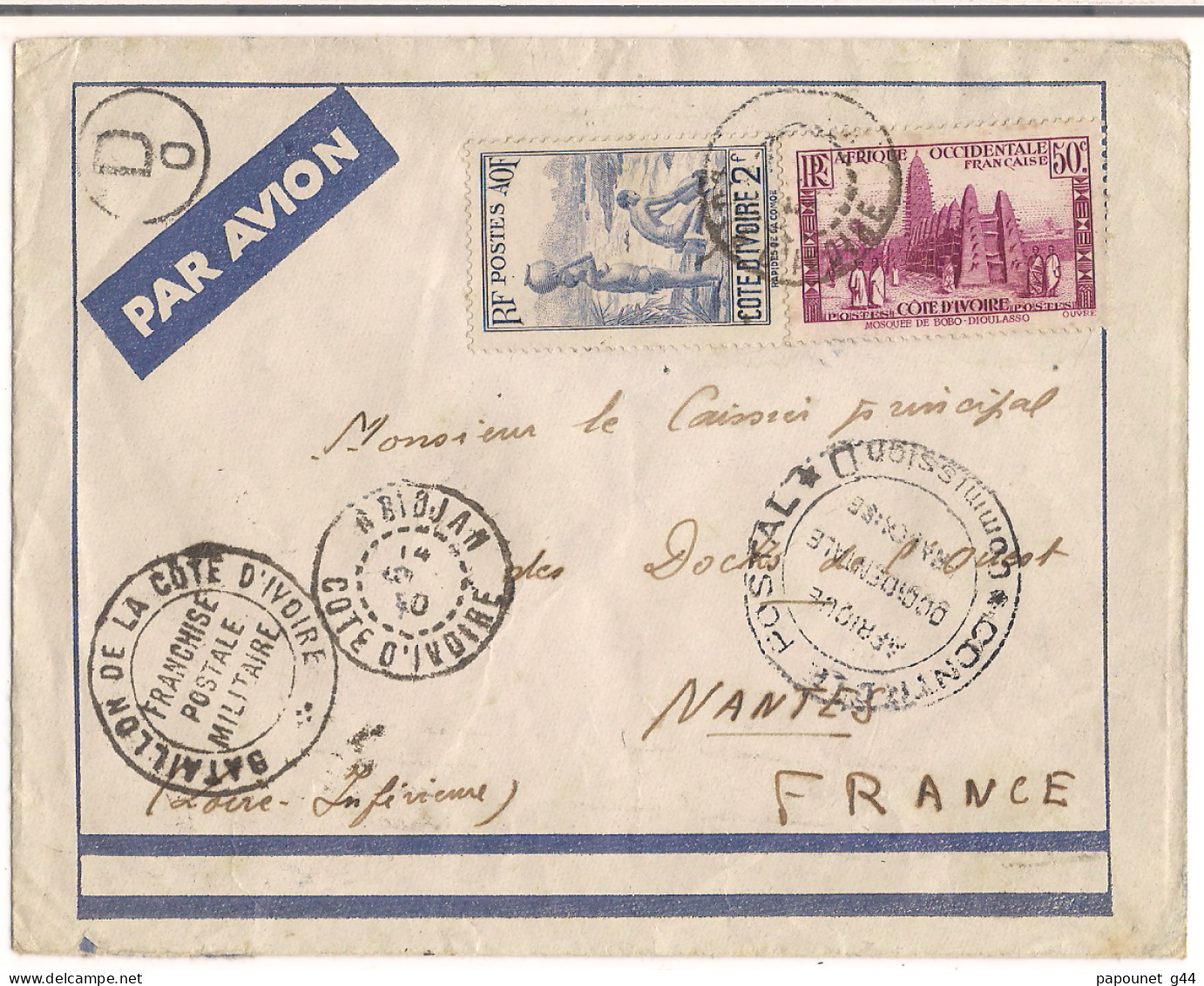 Lettre Abidjan 1940 ( Contrôle Postal Afrique Occidentale Française )( Bataillon De La Côte D'Ivoire ) Pour Nantes - Côte D'Ivoire (1960-...)