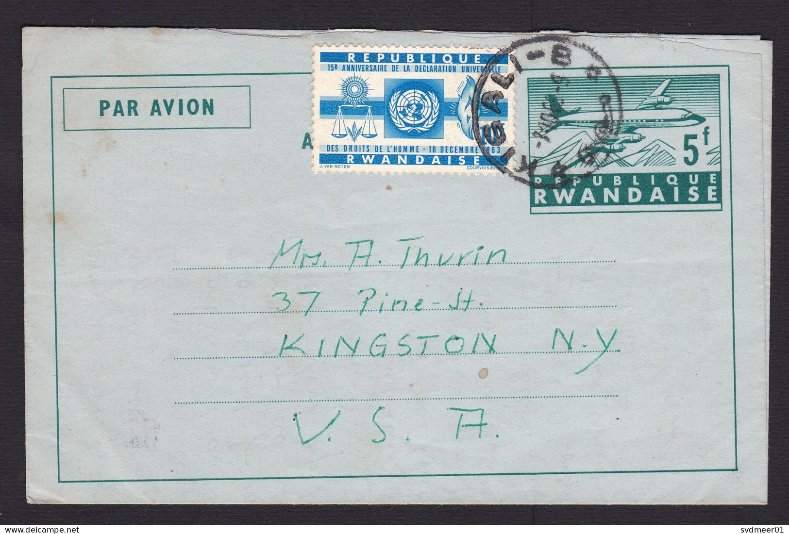 Rwanda: Stationery Aerogramme To USA, 1966, Extra Stamp, Airplane, Declaration Human Rights (minor Damage) - Storia Postale