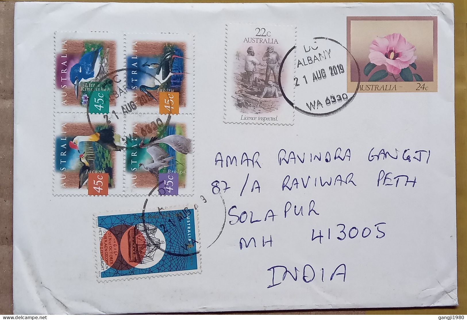 AUSTRALIA-2019, STATIONERY COVER, USED TO INDIA, FLOWER, BIRD, 6 DIFF, DIRK HARTOGE SHIP, LICENCE INSPECTED, ALBANY CITY - Cartas & Documentos