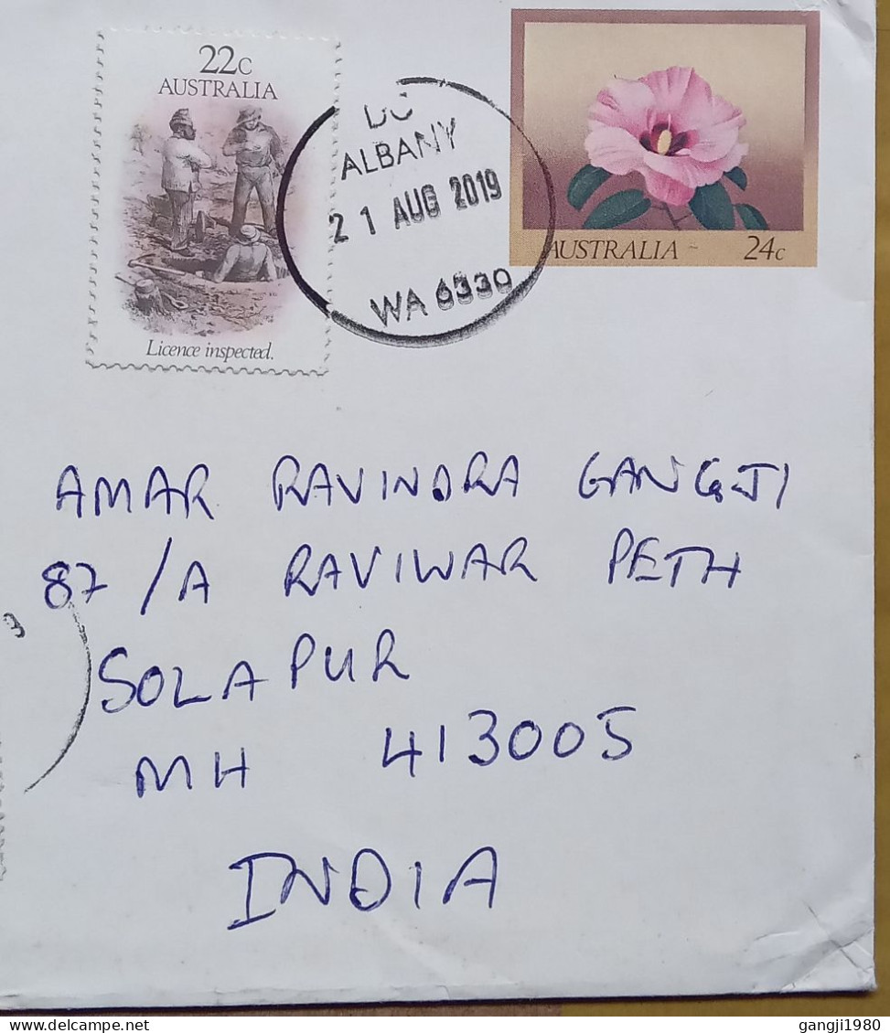 AUSTRALIA-2019, STATIONERY COVER, USED TO INDIA, FLOWER, BIRD, 6 DIFF, DIRK HARTOGE SHIP, LICENCE INSPECTED, ALBANY CITY - Brieven En Documenten