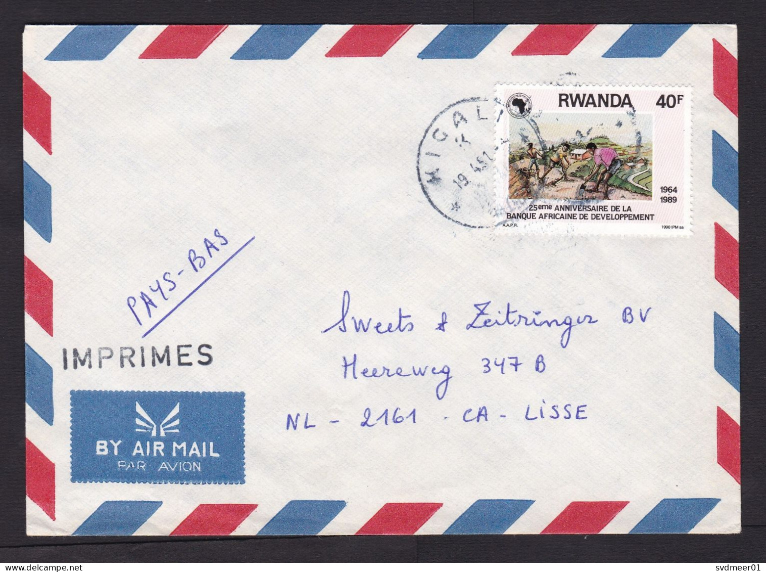 Rwanda: Airmail Cover To Netherlands, 1991, 1 Stamp, Development Bank, Road Works, Labour (traces Of Use) - Lettres & Documents