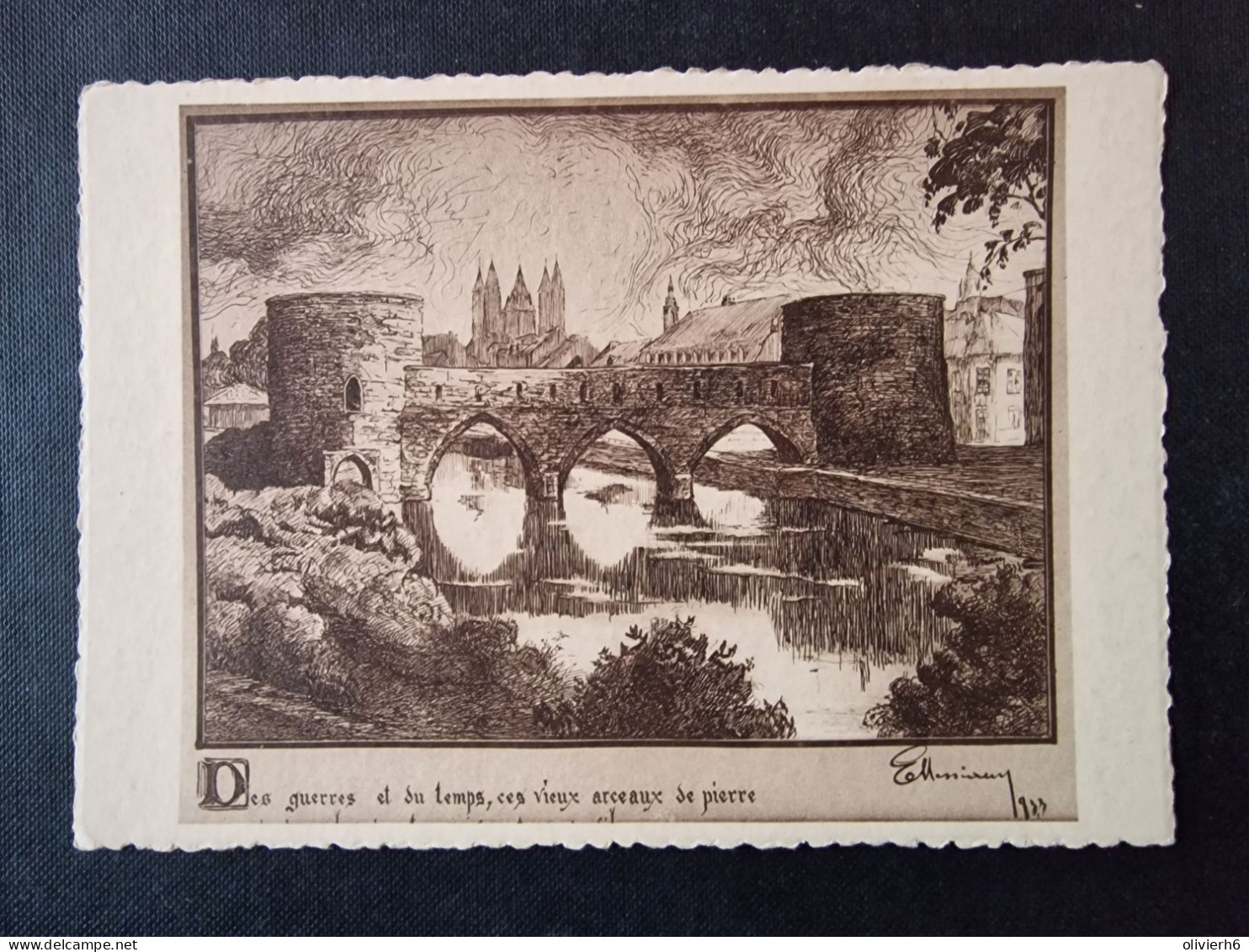 CP BELGIQUE (V2215D) TOURNAI (2 Vues) Le Pont Des Trous Dessin Original D'Edmond Messiaen - Tournai