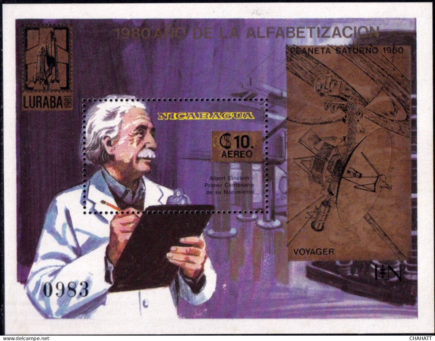 VOYAGER TOWARDS SATURN - NICARAGUA- 1980-GOLD OVERLAY WITH OVPT- EINSTEIN MS -MNH-M3-128 - América Del Norte