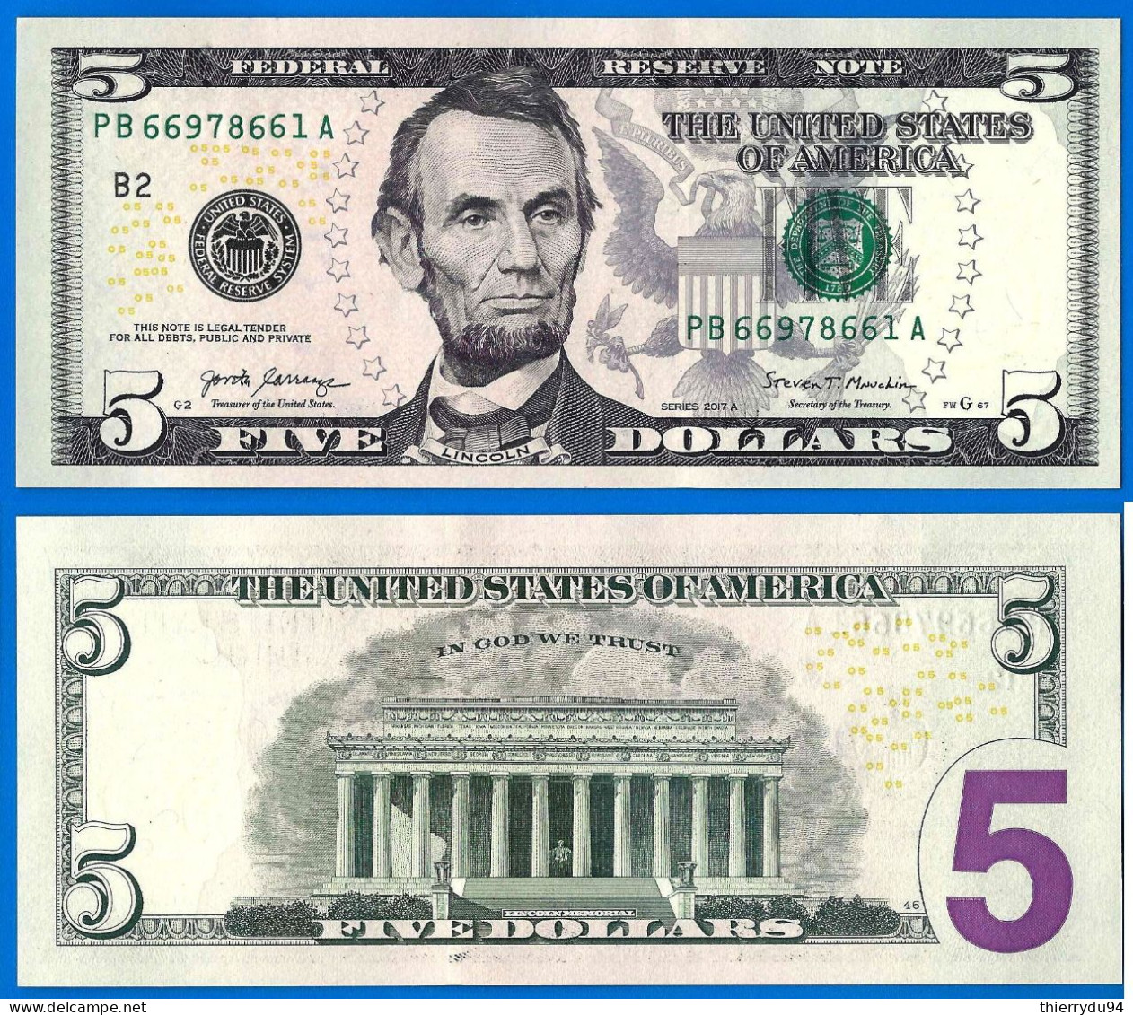 Usa 5 Dollars 2017 A Neuf UNC Mint New York B2 Suffixe A Billet Etats Unis United States Dollar US Paypal Crypto OK - Bilglietti Della Riserva Federale (1928-...)