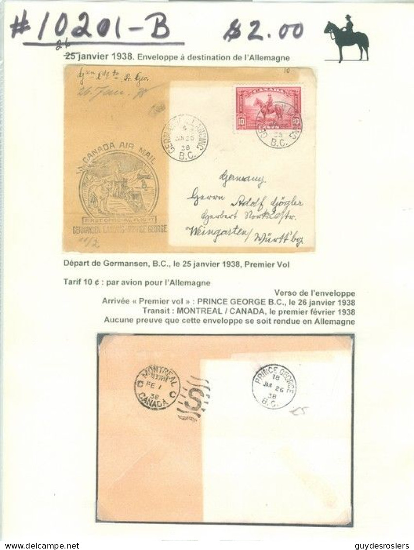 Mounted Police Montée; GRC / RCMP; Gendarmerie Timbre Scott # 223 Stamp; Premier Vol / First Flight (10201-B) - Briefe U. Dokumente