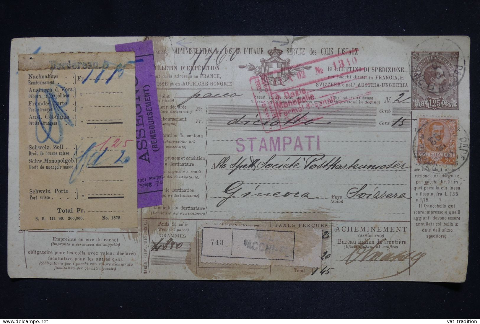 ITALIE - Bulletin De Colis Postal Pour La Suisse - L 145850 - Postal Parcels