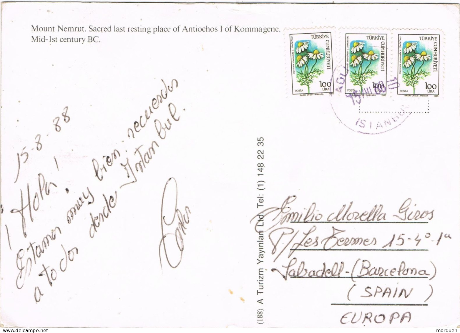 51212. Postal Aerea ISTAMBUL (Turquia) 1988. Vista Arqueologia MOUNT NEMRUT, Antioco I - Storia Postale